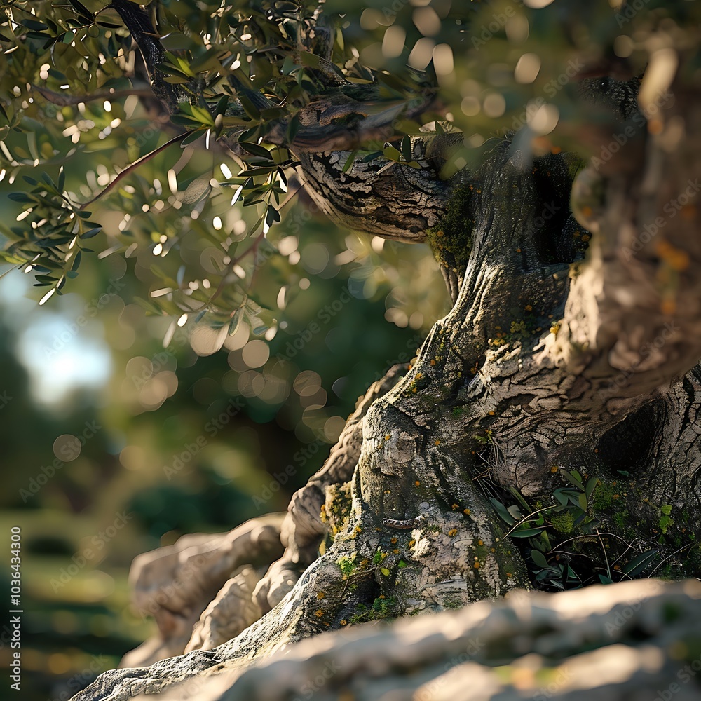 Olive fruit tree with ripe and green leaves in sunlight.