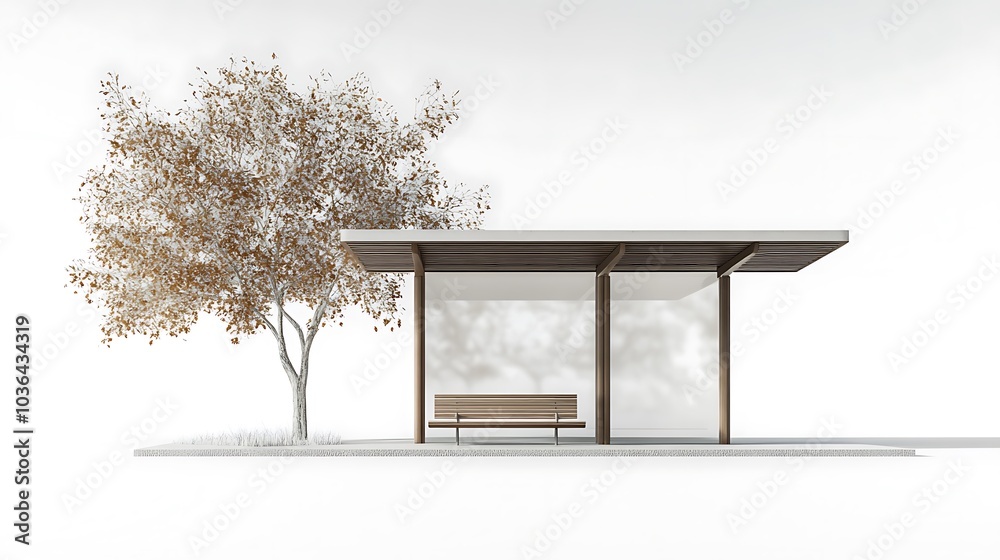 Glass Shelter with a Bench and Tree Glass Shelter with a Bench and Tree
