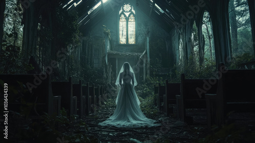 A decaying Victorian church atop a hill hosts a haunting ghost bride, her pale figure gliding down the aisle, illuminated by the dim light streaming through shattered stained glass.