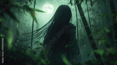 Japanese ghost with long black hair covering her pale face, standing motionless in a shadowy forest of bamboo, faintly glowing under the dim moonlight.