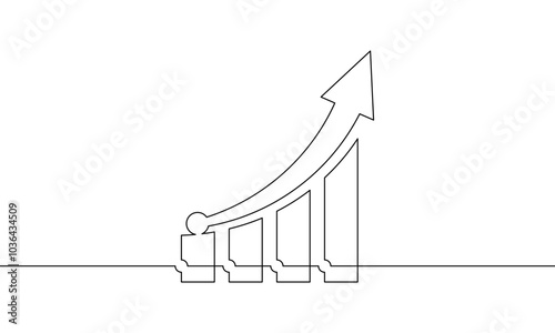 Continuous line drawing of graph. Object one line of bar chart. Illustration vector of increasing arrow up. Single line art of business growth. Flat icon sign symbol