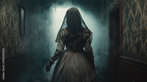A haunting Victorian ghost materializes in the dim corridors of a decaying manor, where ornate, cracked wallpaper adds to the eerie atmosphere.