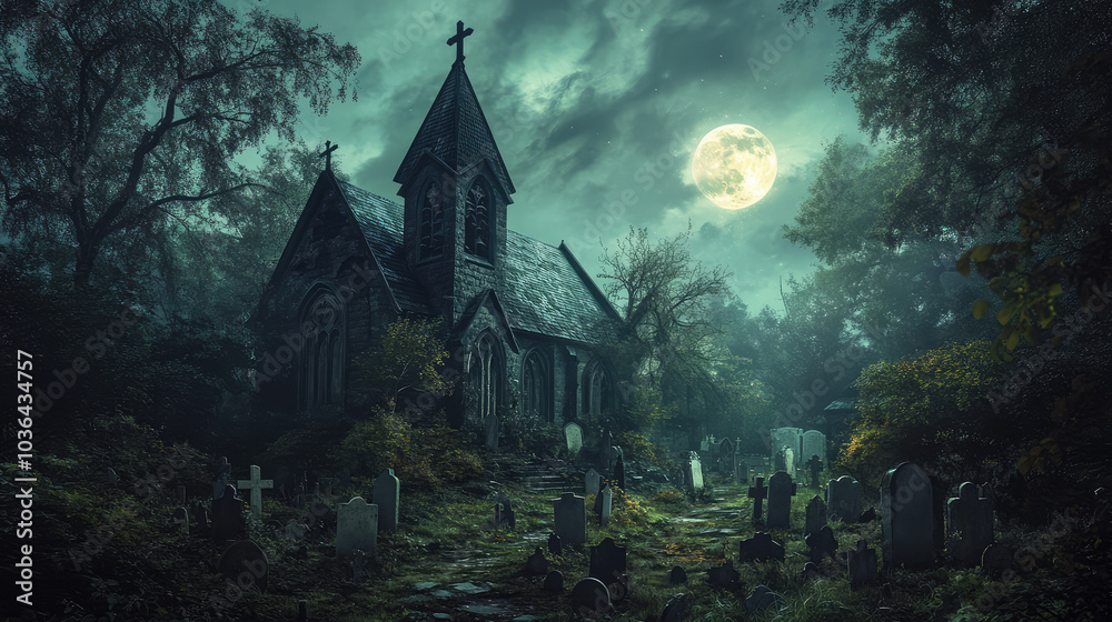 A haunted Victorian church at night. Dark stone walls illuminated by moonlight. Surrounded by gravestones. A haunted Victorian church at night. Dark stone walls illuminated by moonlight. Surrounded by gravestones.