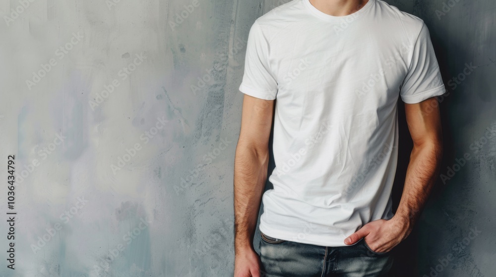 Casual young man posing in a white t shirt against a gray wall backdrop Casual young man posing in a white t shirt against a gray wall backdrop