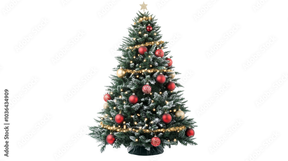 beautifully decorated Christmas tree adorned with red and gold ornaments, twinkling lights, and star on top, creating festive and joyful atmosphere
