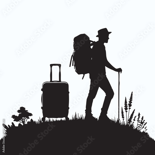 Traveler hiking mountain silhouette 