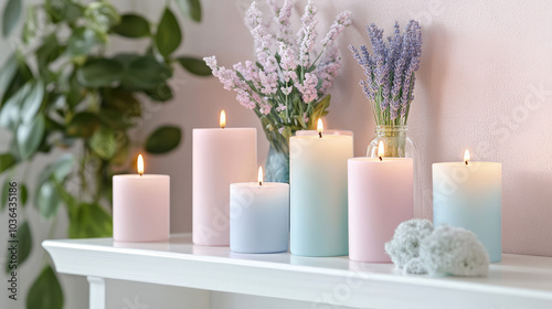 Light pastel-colored candles in shades of pink, blue, and lavender arranged on a white shelf, creating a soft and calming ambiance --chaos