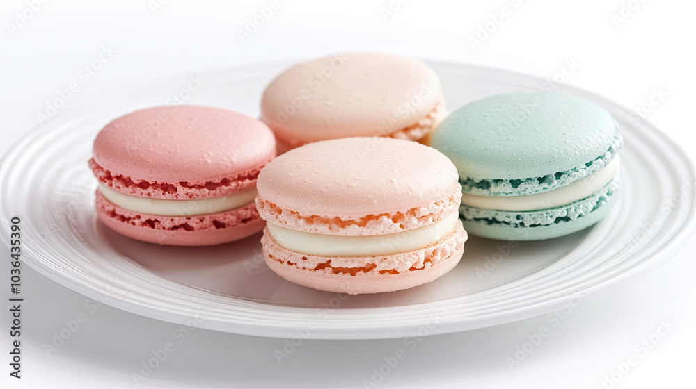 Light pastel-colored macarons in shades of pink, blue, and mint green arranged on a simple white plate, evoking a delicate and sweet atmosphere --chaos Light pastel-colored macarons in shades of pink, blue, and mint green arranged on a simple white plate, evoking a delicate and sweet atmosphere --chaos