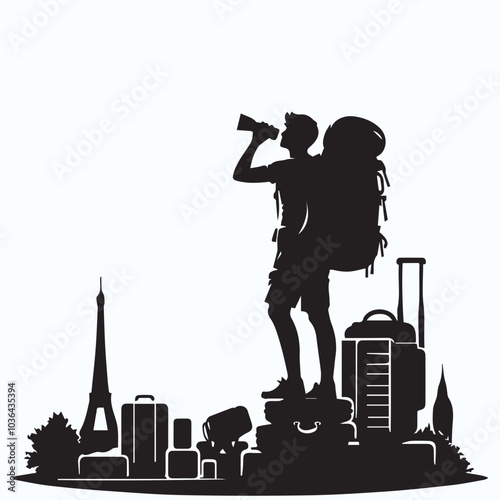 traveler with backpack and camera silhouette 