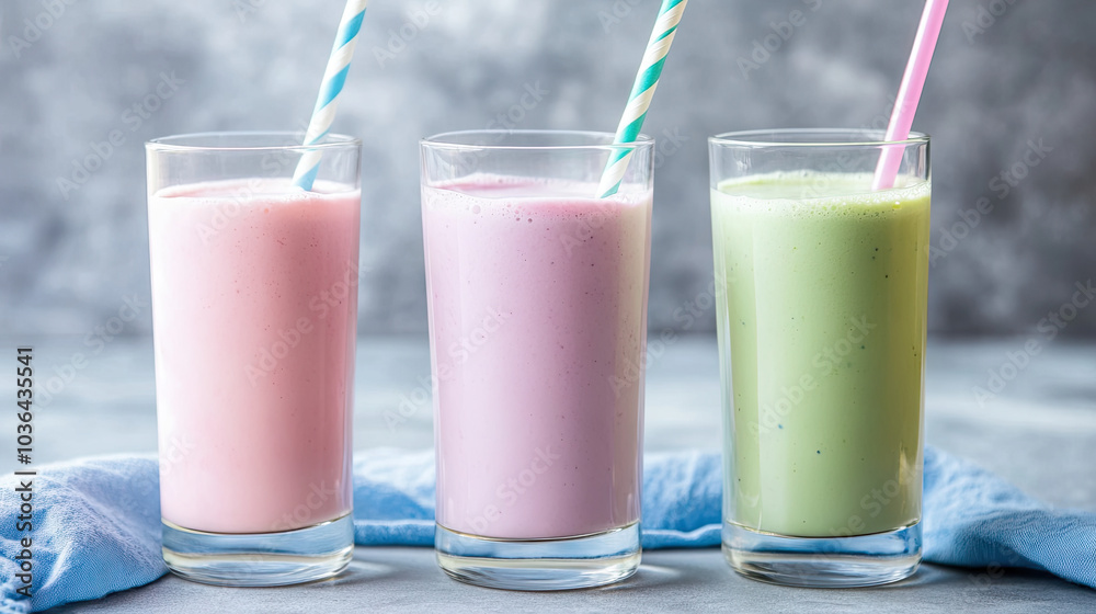 Light pastel-colored smoothies in shades of pink, blue, and green, served in glass cups with paper straws, evoking a fresh and sweet moment --chaos Light pastel-colored smoothies in shades of pink, blue, and green, served in glass cups with paper straws, evoking a fresh and sweet moment --chaos