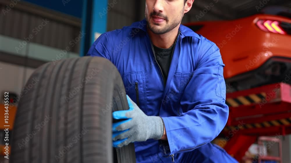 Mechanic checking checking the depth of car tire tread. Car maintenance and auto service garage