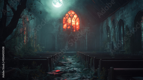 Dark, abandoned Victorian church with crumbling stone walls and eerie shadows cast by the moon, a cold wind blowing through shattered stained glass.