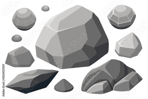 Set of gray granite stones of different shapes. Minerals, boulder and cobble vector