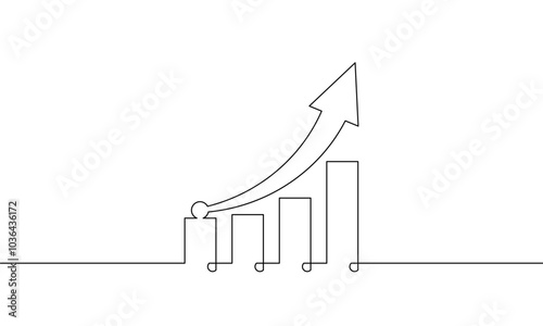 Continuous line drawing of increasing arrow up. Illustration vector of graph. Single line art of business growth. Object one line of bar chart. Flat icon sign symbol