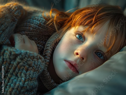 Child with cramping stomach, alienated by friends, lying on couch, soft evening light, close-up, tear-streaked face, feeling of angst