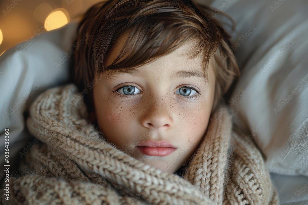 Child with sore throat, wrapped in blanket, holding throat, bedroom setting, warm lamp light, close-up, tender moment Child with sore throat, wrapped in blanket, holding throat, bedroom setting, warm lamp light, close-up, tender moment