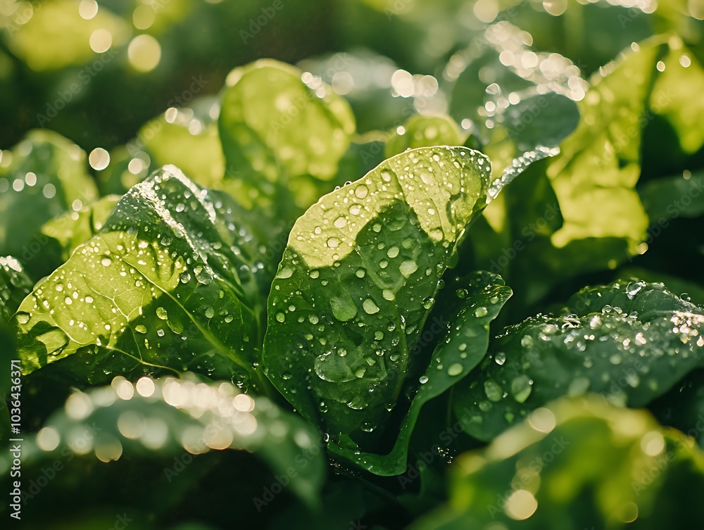 A close-up of young lettuce plants growing on a wet tarp in a garden, covered in morning dew droplets. A close-up of young lettuce plants growing on a wet tarp in a garden, covered in morning dew droplets.