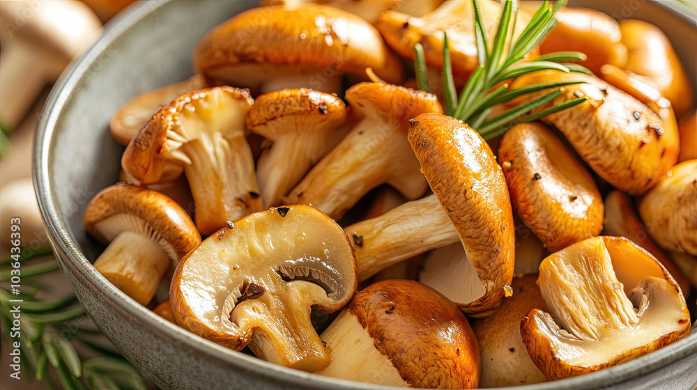 Pickled honey mushrooms served in a bowl with a drizzle of olive oil, black pepper, and fresh rosemary. --chaos Pickled honey mushrooms served in a bowl with a drizzle of olive oil, black pepper, and fresh rosemary. --chaos