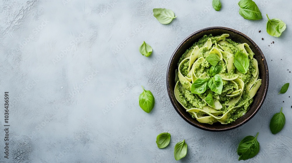 Obraz premium Fresh and Vibrant Basil Pesto Pasta on a Marble Background