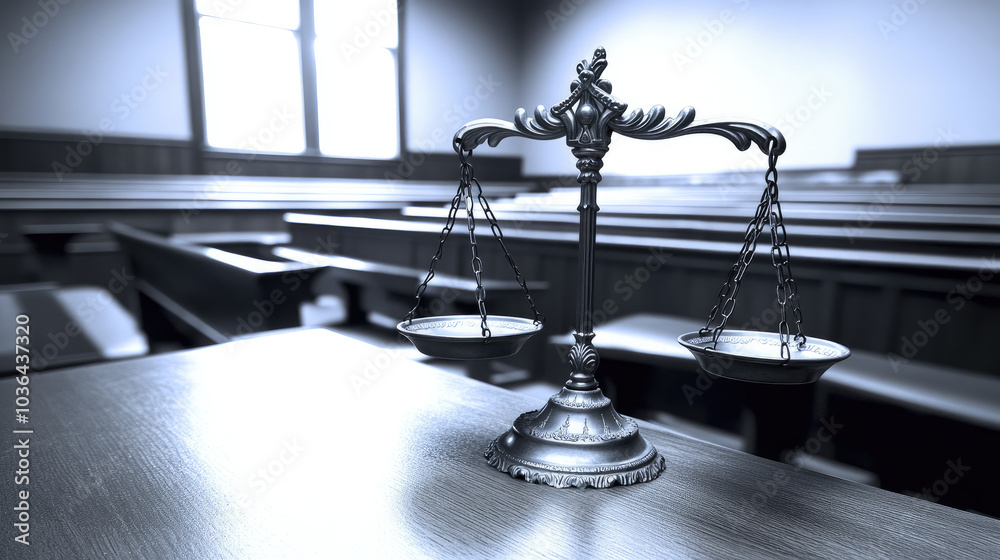 Scales of justice placed on a wooden judge's bench in an empty courtroom, symbolizing fairness and legal authority. --chaos Scales of justice placed on a wooden judge's bench in an empty courtroom, symbolizing fairness and legal authority. --chaos