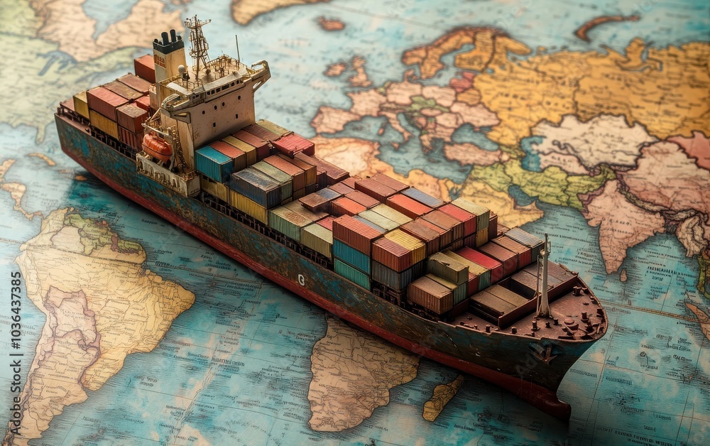 Globalisation Container A visually striking image of a container ship model set on a world map ...