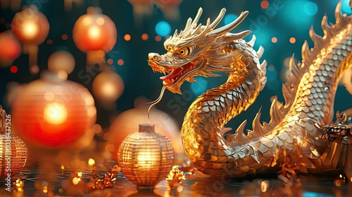 A Golden Dragon Statue with Illuminated Lanterns in the Background