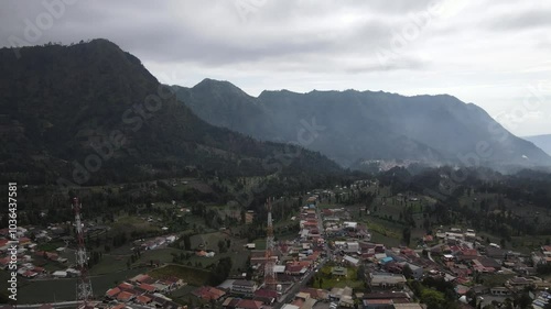 Aerial view of Sukapura Village in Probolinggo Regency. Sukapura Village is one of the entrance to the Bromo Tengger Semeru National Park area, a famous destination in East Java, Indonesia.