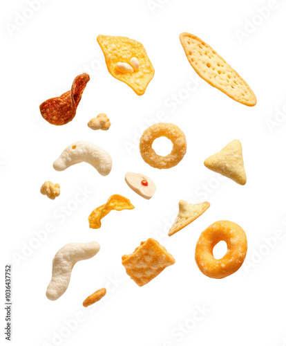 snacks falling on transparent background