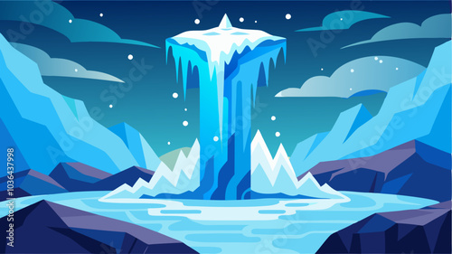 Winters embrace as the waterfall freezes over transforming into a glittering display of ice and snow.