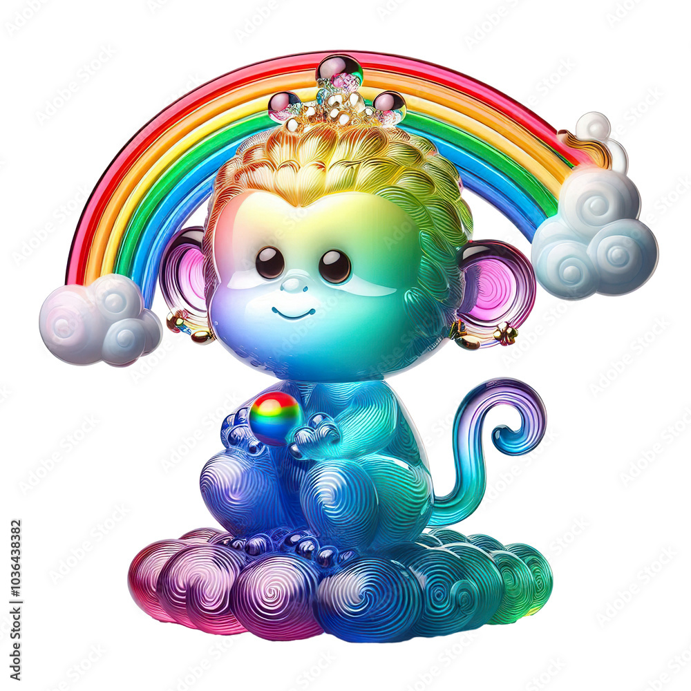Naklejka premium A glass sculpture of a beautiful chinese cute Monkey, gradient of rainbow colors isolated on white background PNG