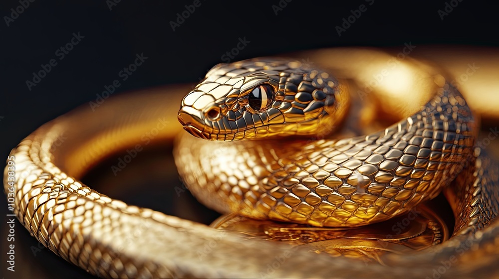 Fototapeta premium A Golden Serpent Coiled on a Black Background