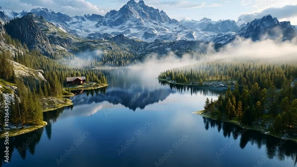 Alpine lake surrounded by pine trees and misty mountains at sunrise. Mountain landscape concept Alpine lake surrounded by pine trees and misty mountains at sunrise. Mountain landscape concept