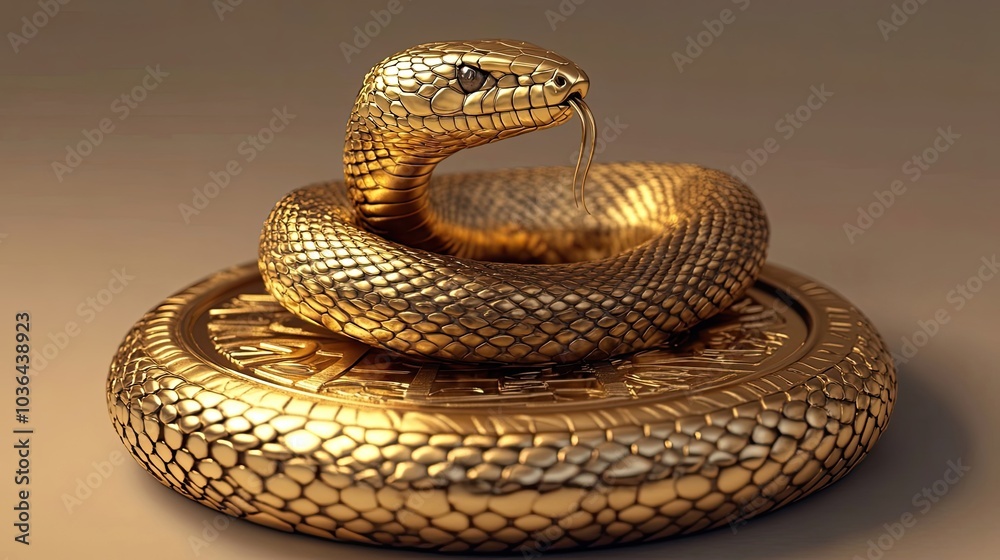 Fototapeta premium Golden Snake Coiled on a Circular Base