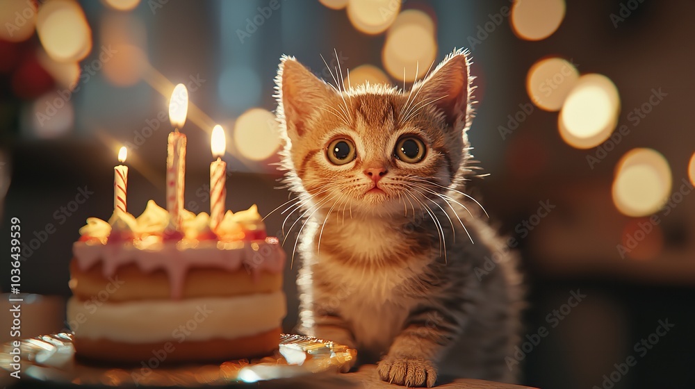 Cute Cat Kitten Celebrating His Birthday with a Home Party background. Cute Cat Kitten Celebrating His Birthday with a Home Party background.