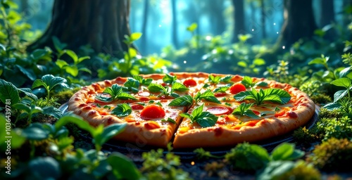 Enchanting forest pizza scene with fresh greens for culinary inspiration photo