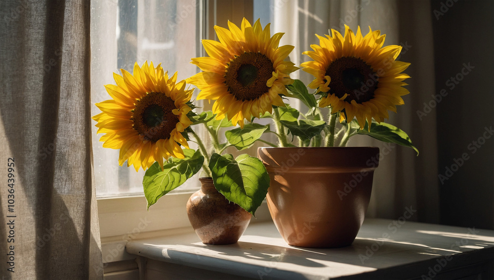 Obraz premium Small pot of bright sunflowers, placed on a windowsill with sunlight streaming through sheer curtains.