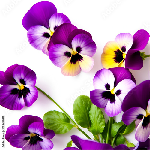 Beautiful delicate purple pansy or viola tricolor on a white background. Greeting card, invitation floral design. Copy space. photo