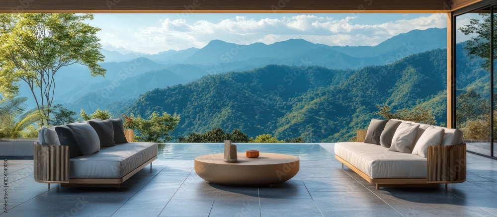 Fototapeta premium Two white sofas with pillows and a wooden coffee table on a patio overlooking a mountain range.