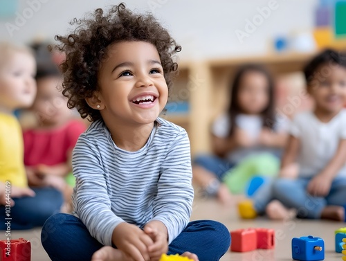 Diverse group of happy children playing and learning in a colorful preschool classroom