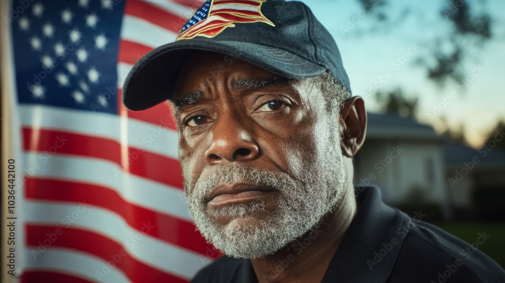 Focused voter standing at polling booth with American flag details in background. Focused voter standing at polling booth with American flag details in background.