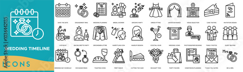 Wedding Timeline icon. Save the Date, Engagement Ring, Wedding Planning, Bridal Shower and Groom's Party