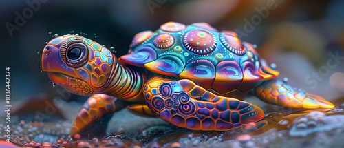 Vibrant and colorful turtle swimming underwater with intricate patterns and textures in a magical marine environment