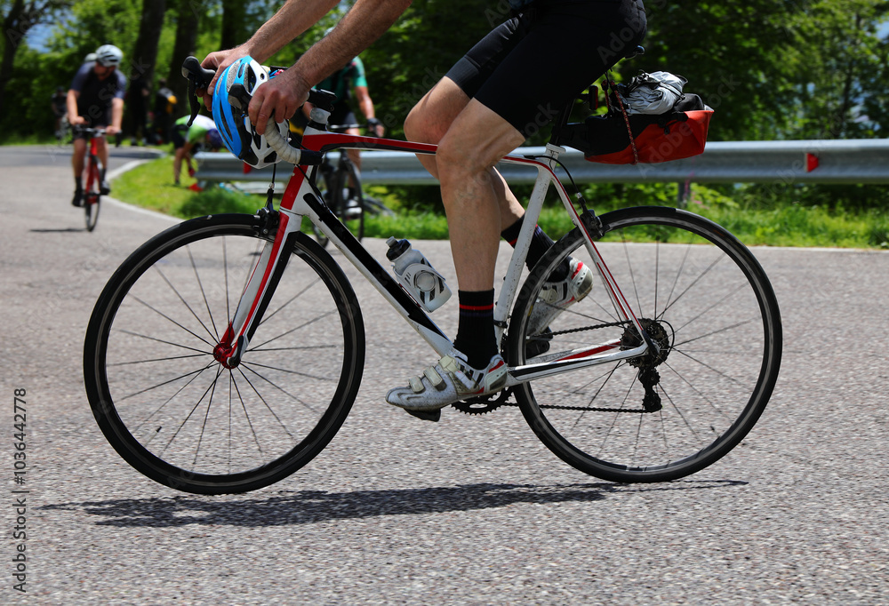 Fototapeta premium racing bike with cyclist doing a cycle touring route on the roads
