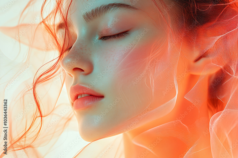 A tranquil female portrait embodying calm and introspection, ideal for wellness themes, mindfulness events, meditation sessions, or serene lifestyle promotions.
