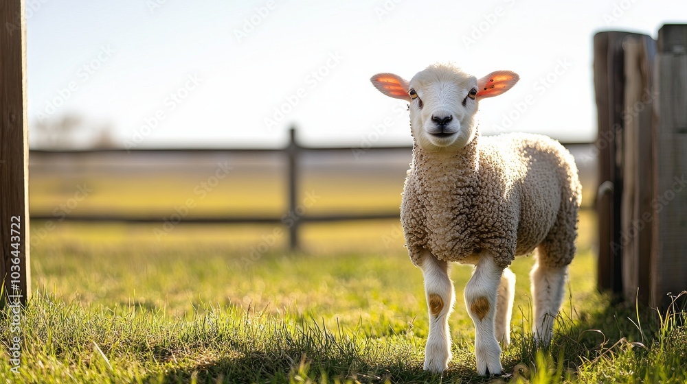 Fototapeta premium A Close-Up Portrait of a Curious Lamb in a Field, Shallow Depth of Field, Close Up, Lamb, Farm Animal, Pasture