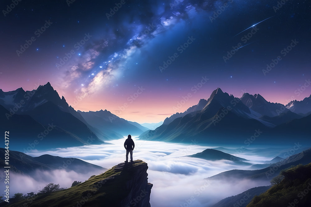 a man standing at the edge of the mountain with amazing landscape view and the sea of cloud and milky way galaxy a man standing at the edge of the mountain with amazing landscape view and the sea of cloud and milky way galaxy
