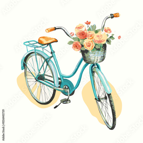 Watercolor bicycle Old blue retro bicycle with a flower basket on a isolated white background (3)