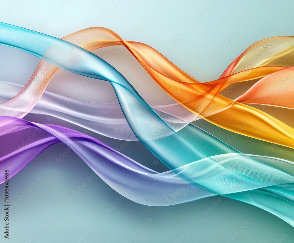 Naklejka premium Colorful, flowing ribbons in shades of blue, orange, purple, and transparent hues create a soft, abstract design against a light background.