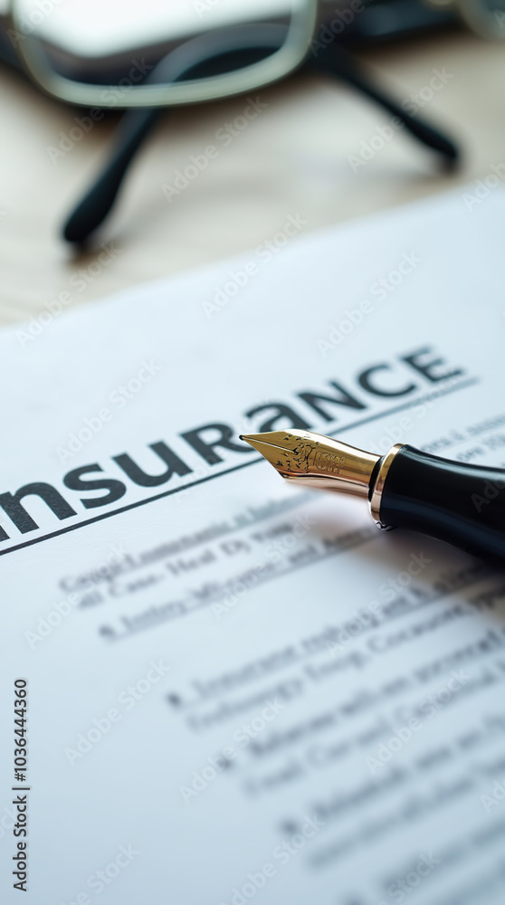 Obraz premium Insurance coverage report with fountain pen and glasses on table
