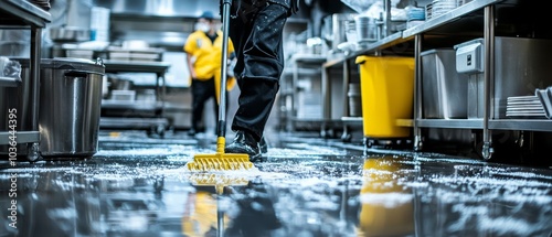 Close-up of a worker sweeping a kitchen floor with a yellow broom, kitchen cleaning , kitchen hygiene, cleaning service